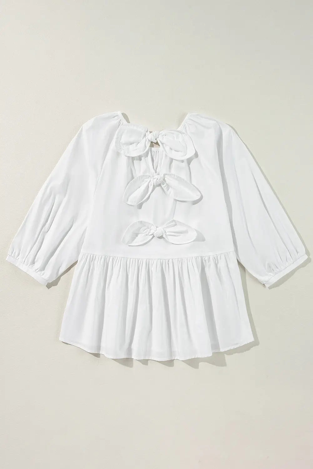 White Bow Knot Cutout Back Loose Fit 3/4 Sleeve Blouse - BB Fashion Outlet
