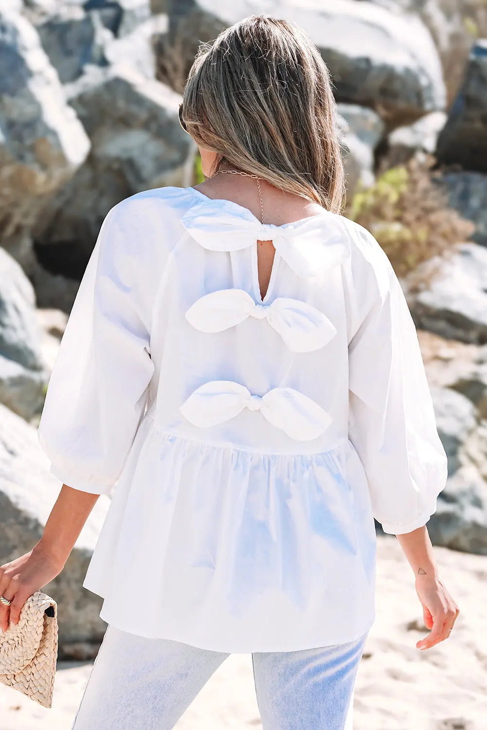 White Bow Knot Cutout Back Loose Fit 3/4 Sleeve Blouse Beagle Boutique Fashion Outlet