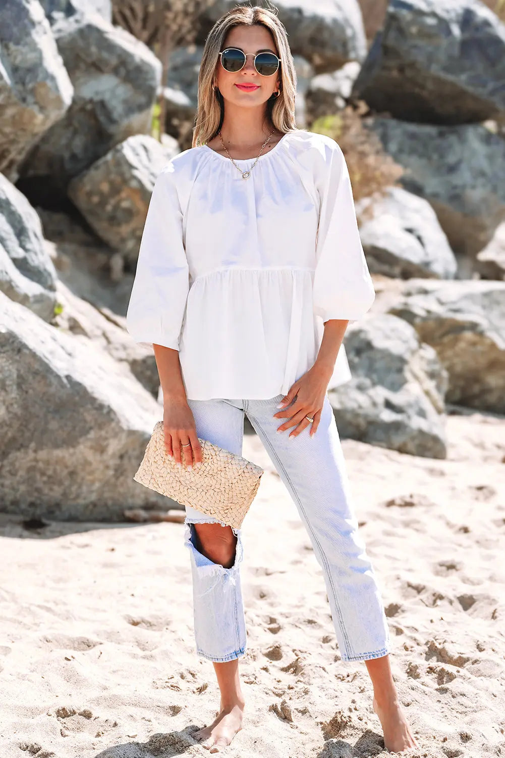 White Bow Knot Cutout Back Loose Fit 3/4 Sleeve Blouse Beagle Boutique Fashion Outlet
