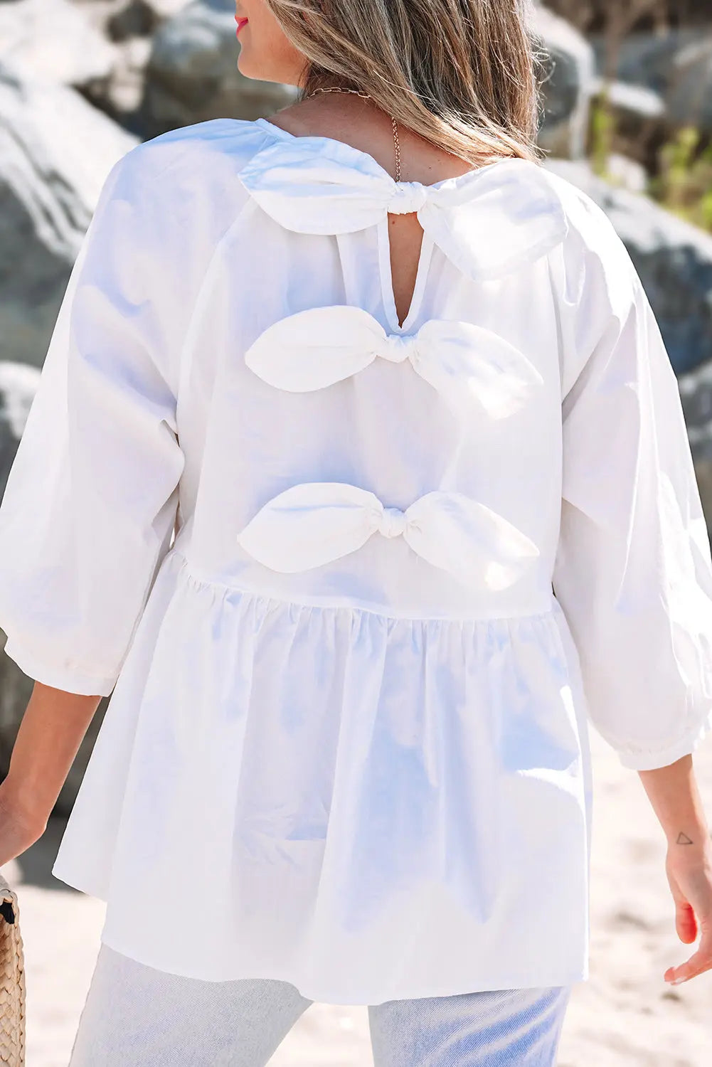 White Bow Knot Cutout Back Loose Fit 3/4 Sleeve Blouse Beagle Boutique Fashion Outlet