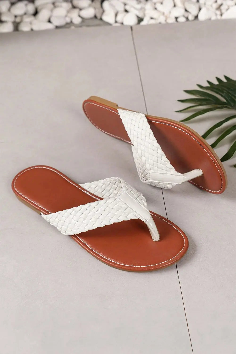 White Braided Strap PU Leather Flip Flop Beagle Boutique Fashion Outlet