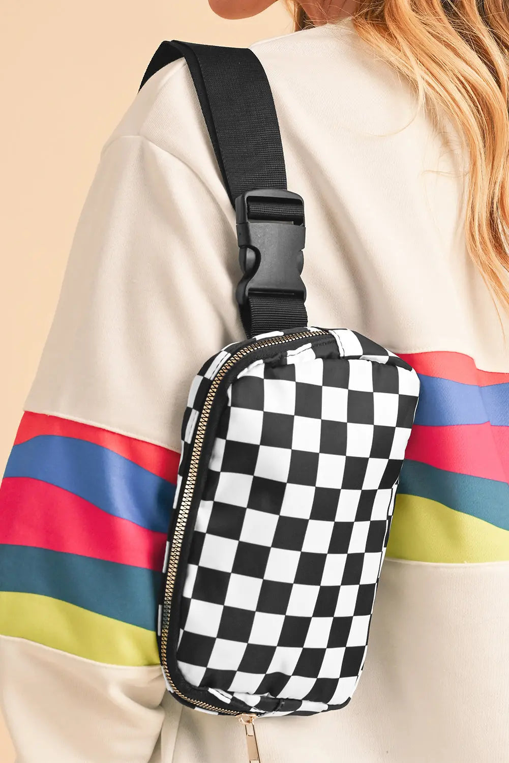 White Checkered Print Buckle Wide Belt Crossbody Bag - eAura