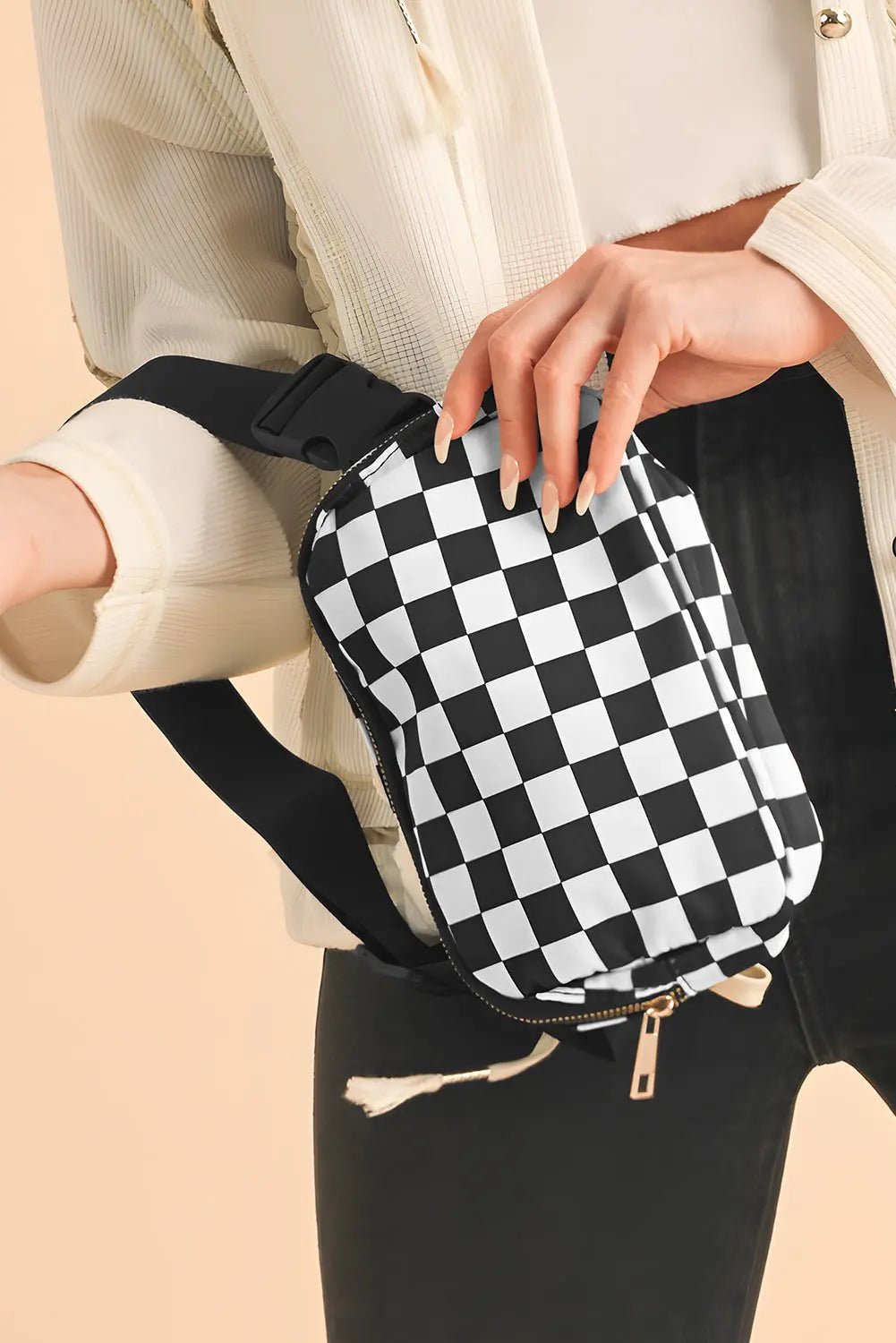 White Checkered Print Buckle Wide Belt Crossbody Bag - eAura