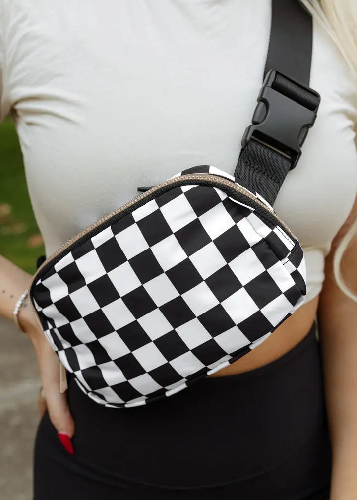 White Checkered Print Buckle Wide Belt Crossbody Bag - eAura