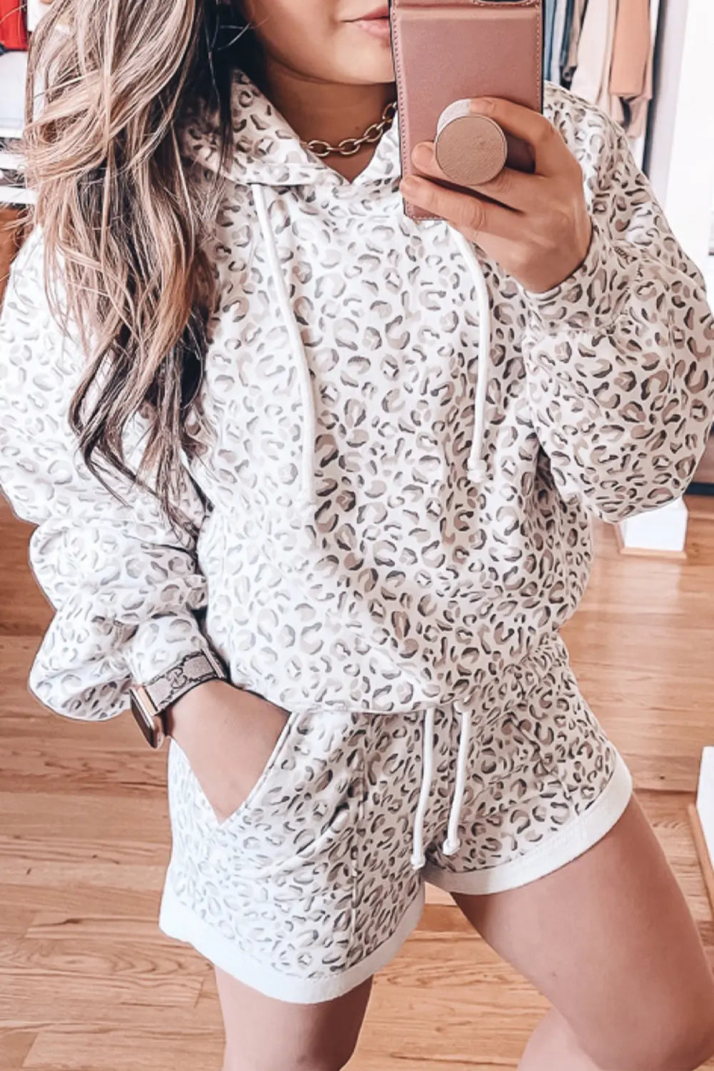 White Classic Leopard Hoodie and Shorts Set Beagle Boutique Fashion Outlet