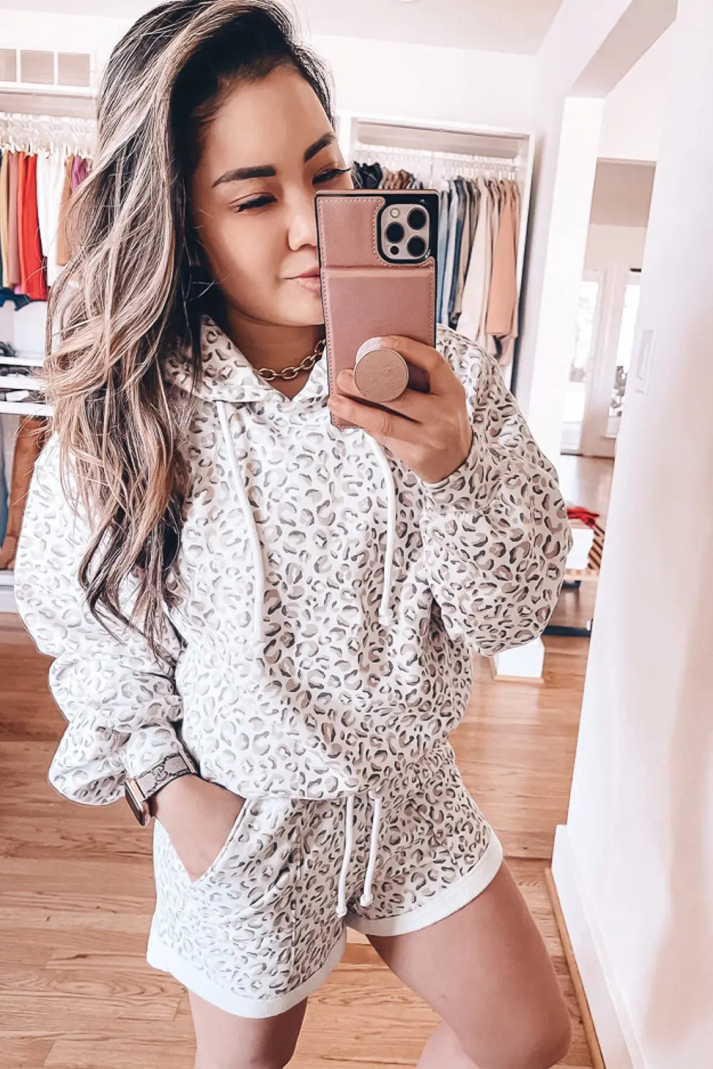 White Classic Leopard Hoodie and Shorts Set Beagle Boutique Fashion Outlet