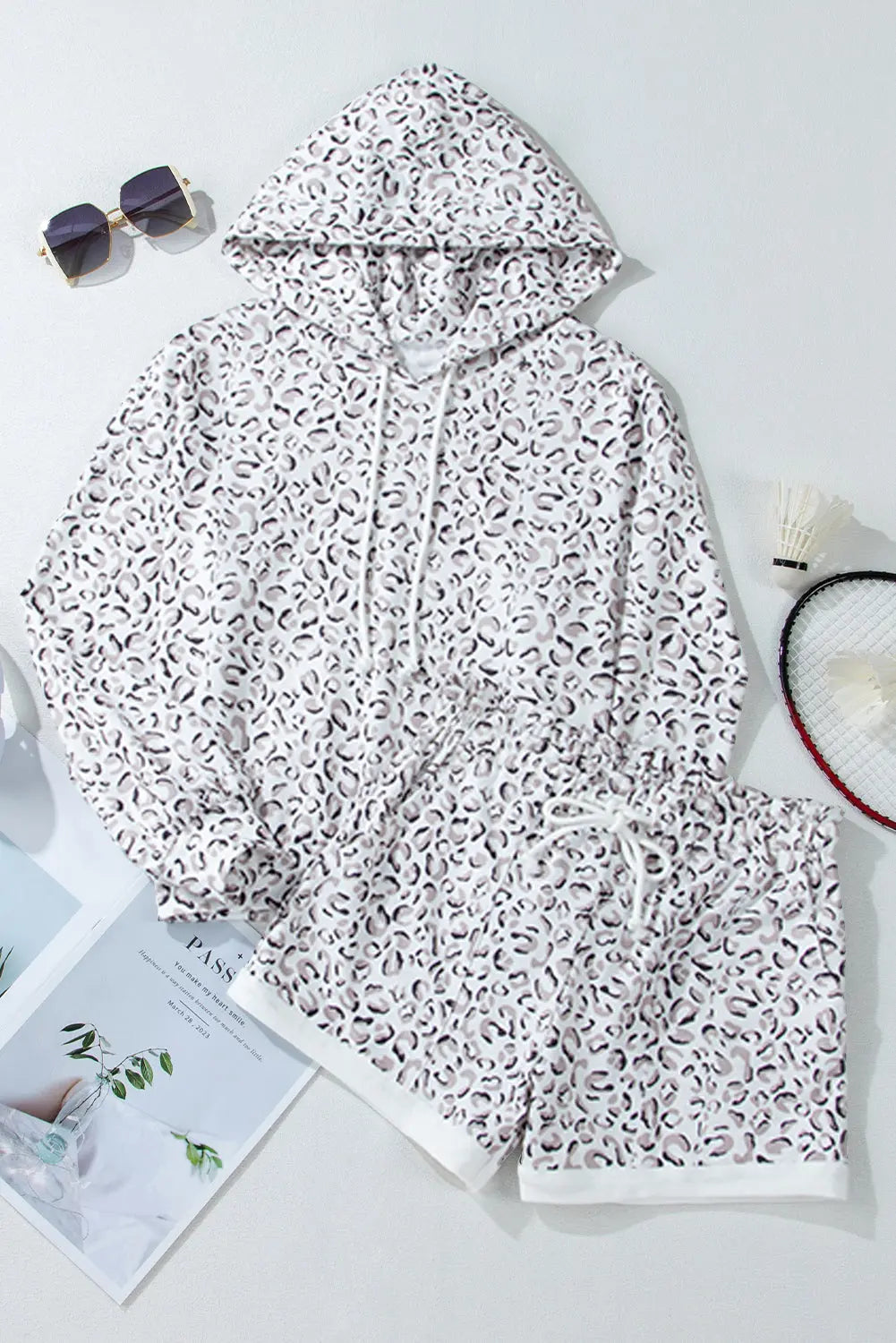 White Classic Leopard Hoodie and Shorts Set Beagle Boutique Fashion Outlet
