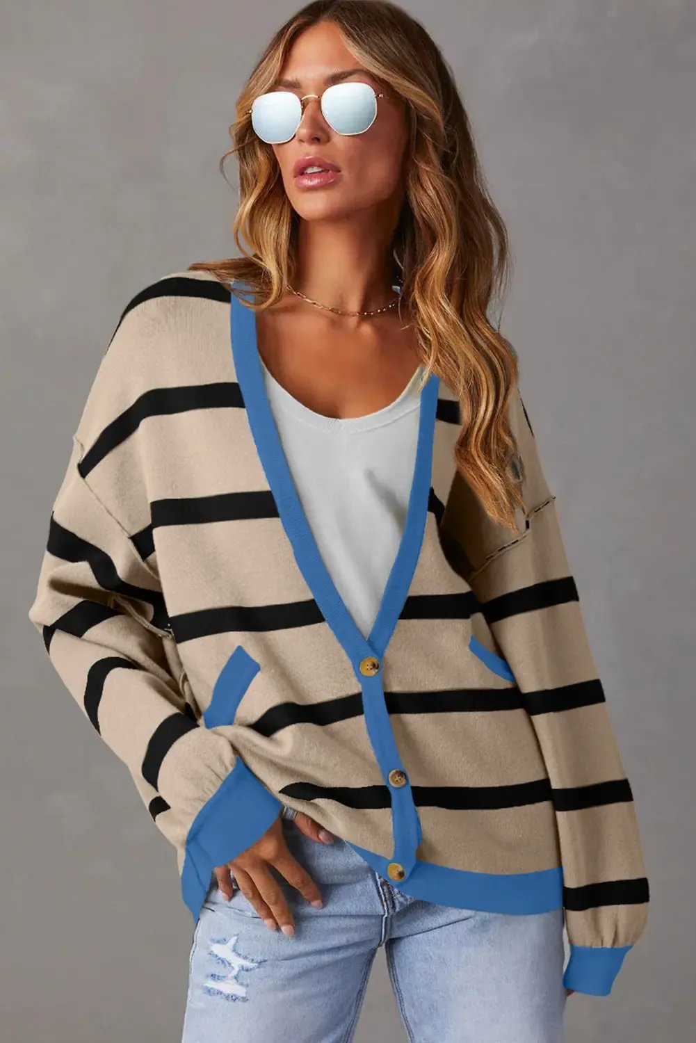 Colourblock Drop Shoulder Buttoned Loose Cardigan