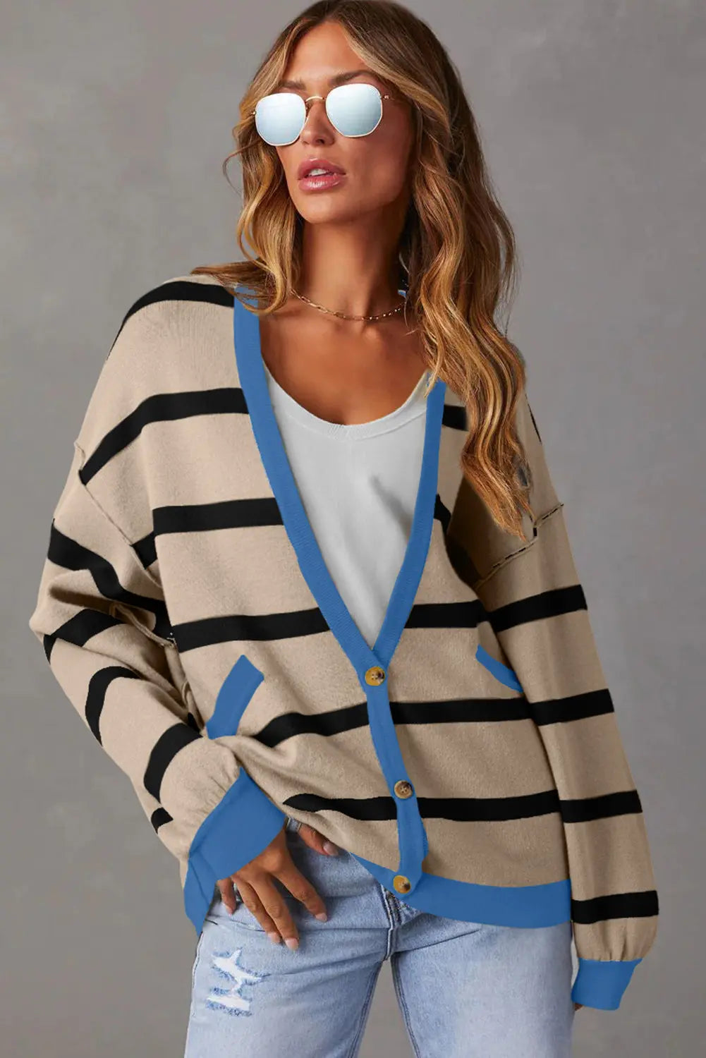 White Colorblock Drop Shoulder Buttoned Loose Cardigan - eAura