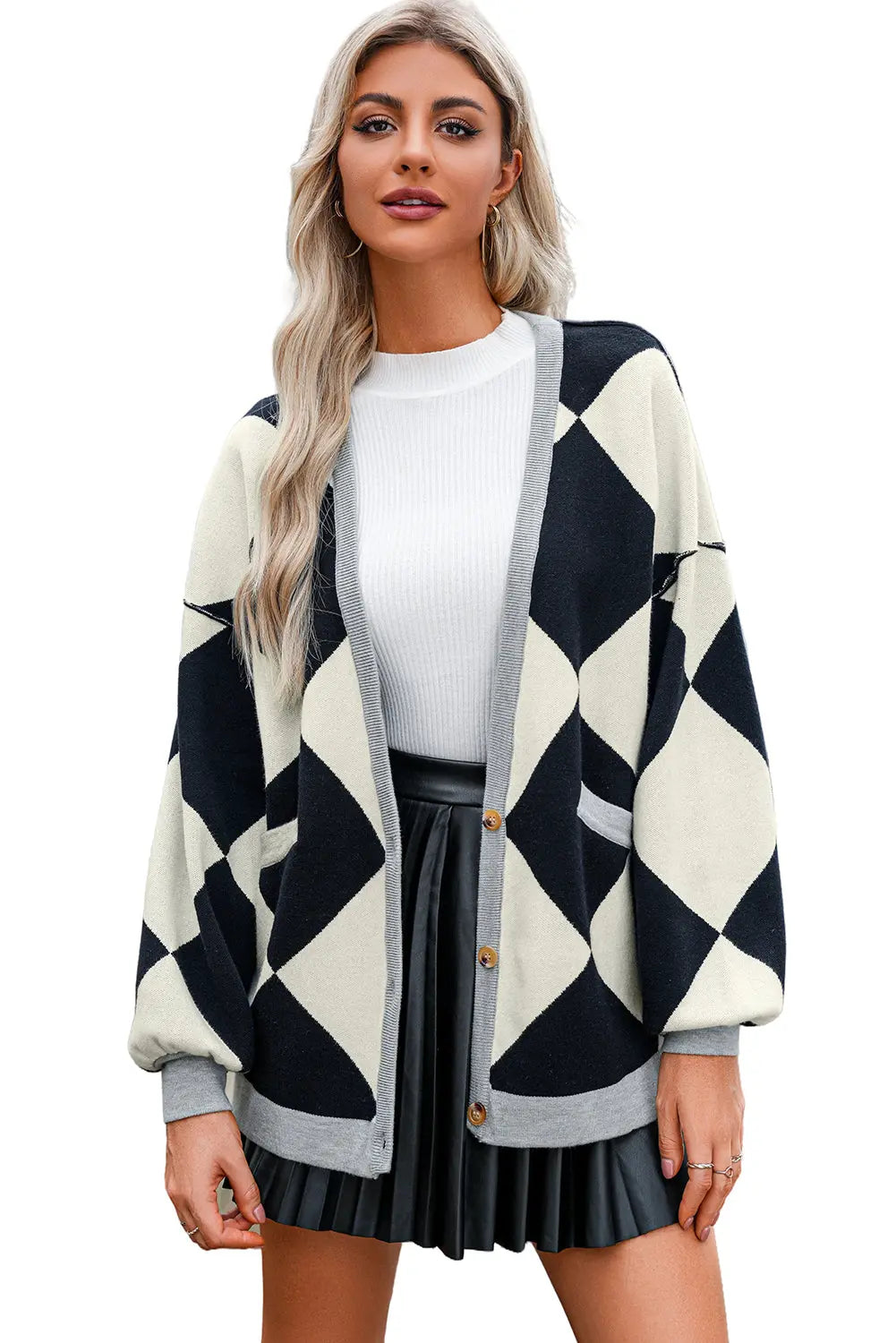 White Colorblock Drop Shoulder Buttoned Loose Cardigan - eAura