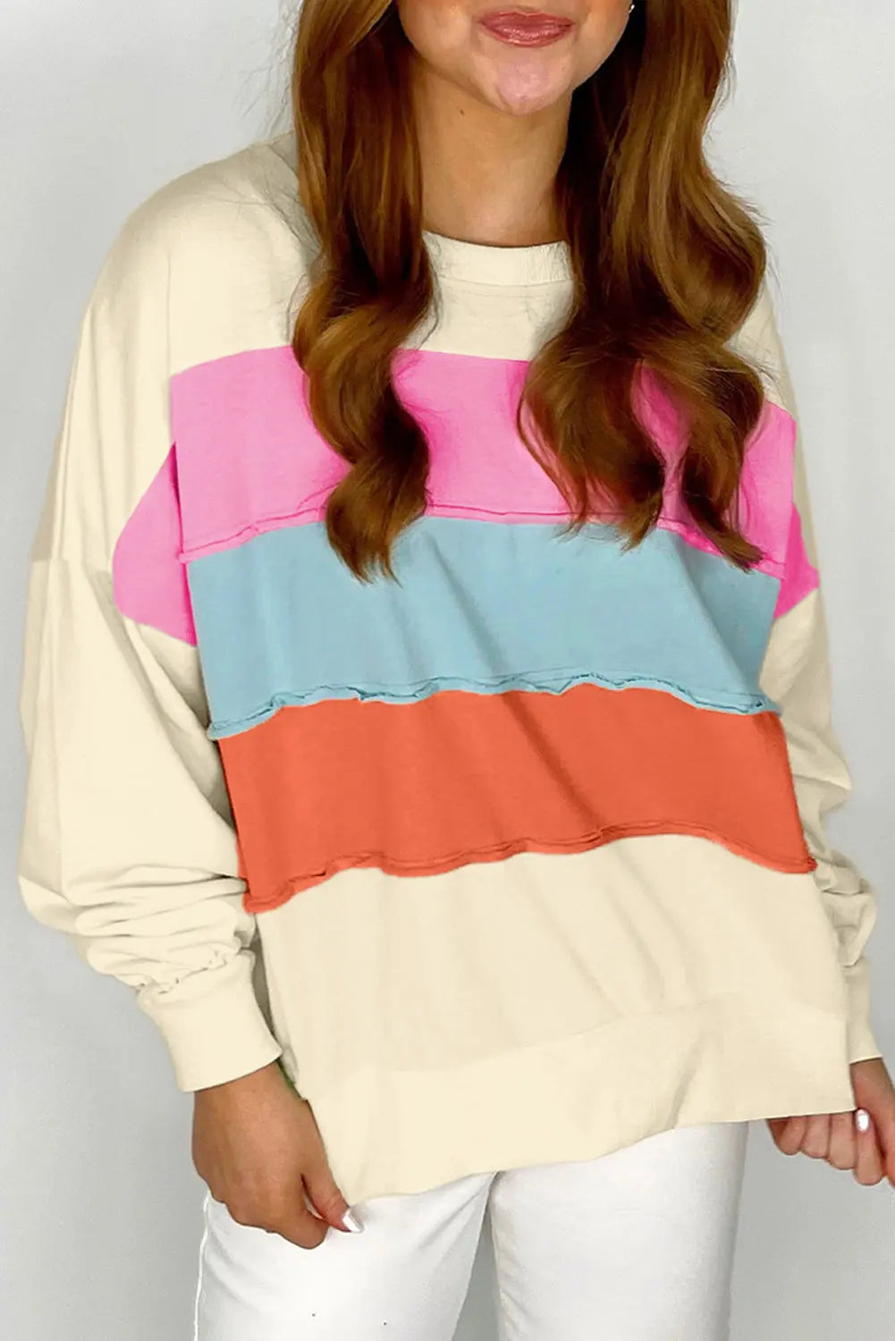 White Colorblock Patchwork Crewneck Drop Shoulder Sweatshirt - eAura