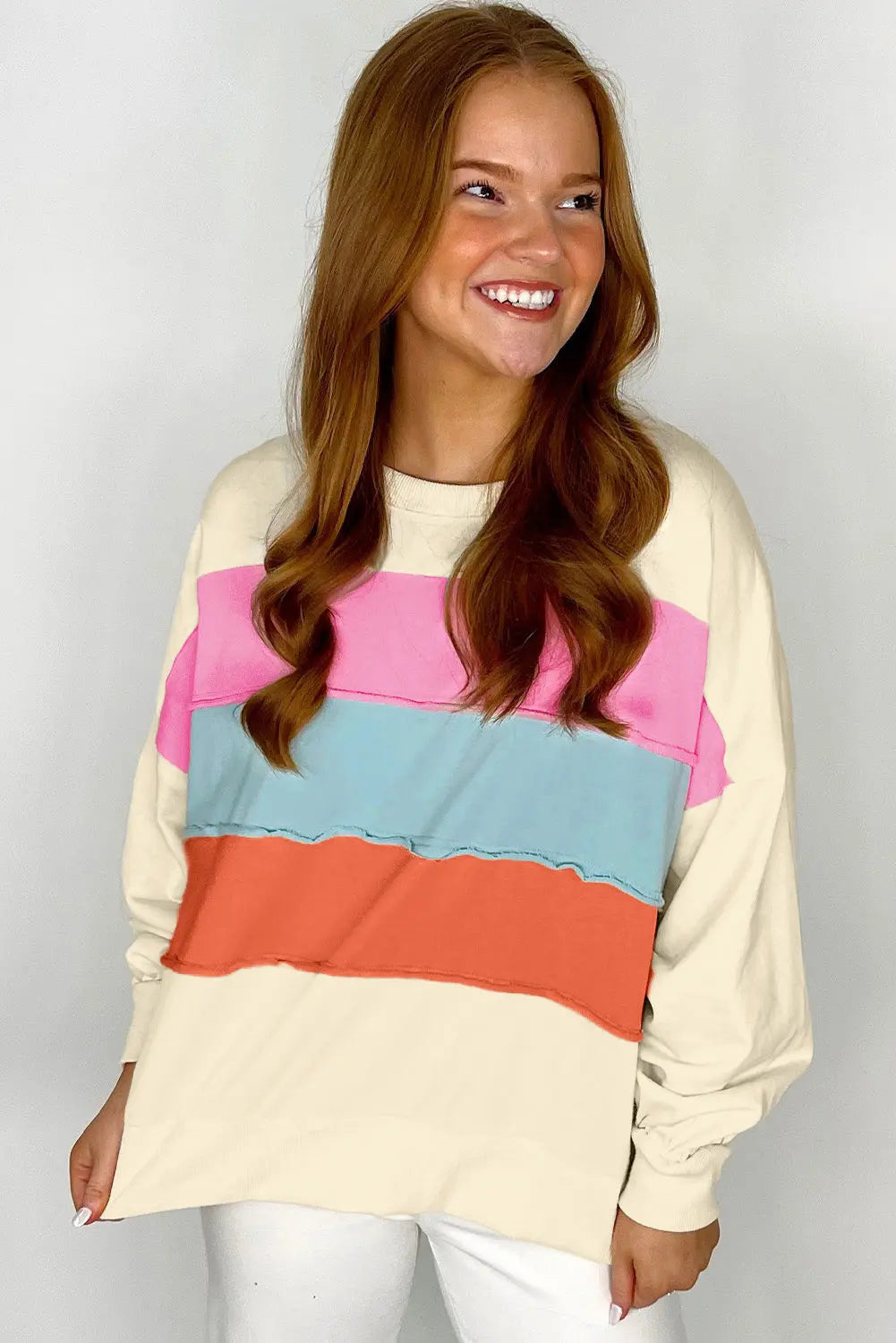 White Colorblock Patchwork Crewneck Drop Shoulder Sweatshirt - eAura