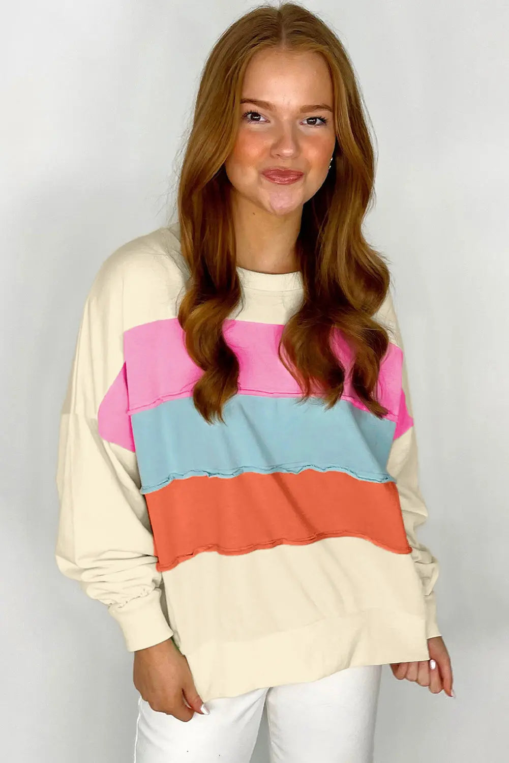 White Colorblock Patchwork Crewneck Drop Shoulder Sweatshirt - eAura