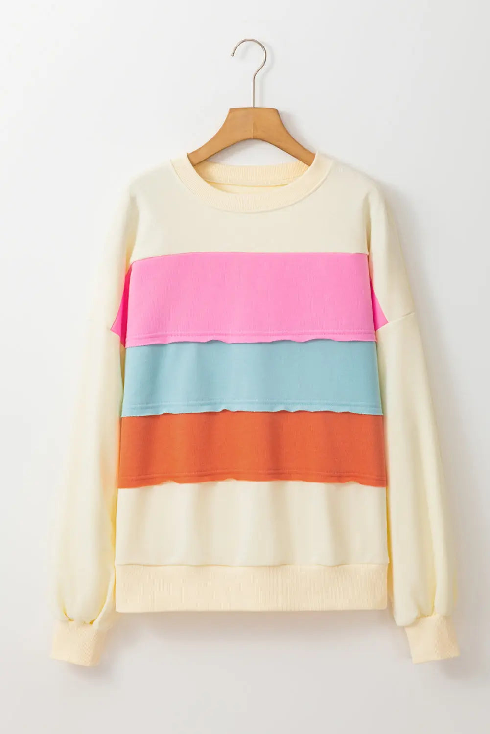 White Colorblock Patchwork Crewneck Drop Shoulder Sweatshirt - eAura