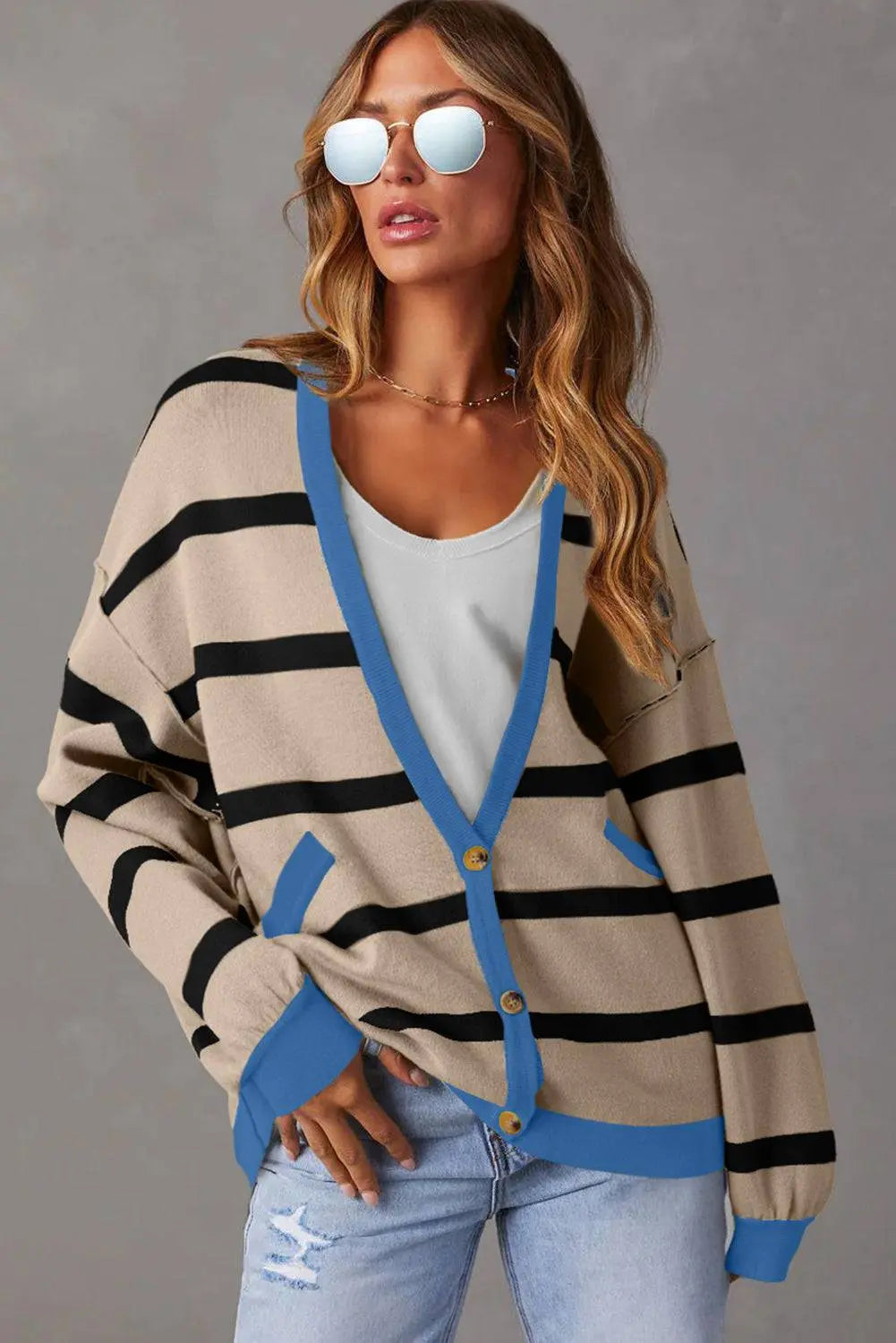 White Colourblock Drop Shoulder Buttoned Loose Cardigan - BB Fashion Outlet