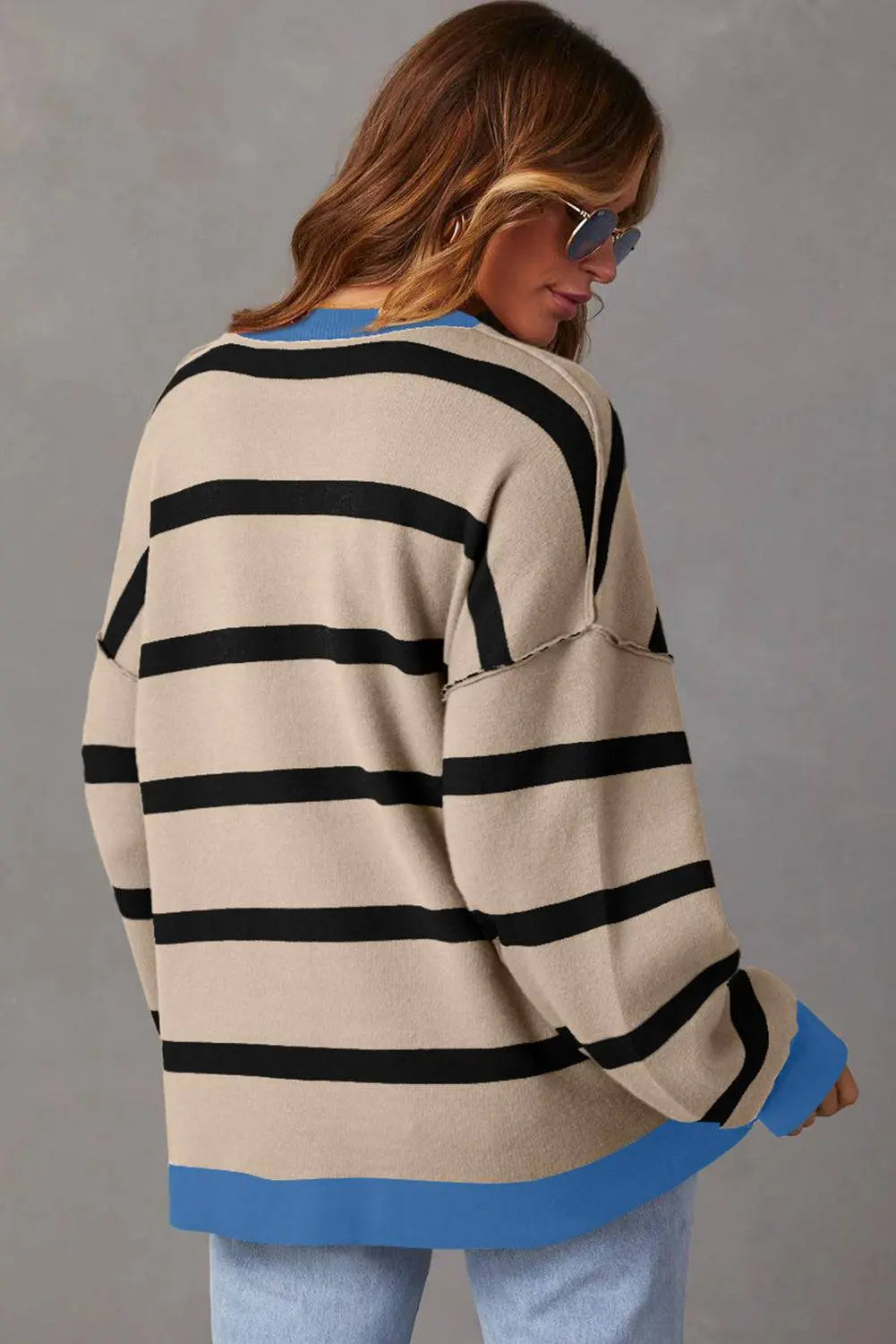 White Colourblock Drop Shoulder Buttoned Loose Cardigan - BB Fashion Outlet