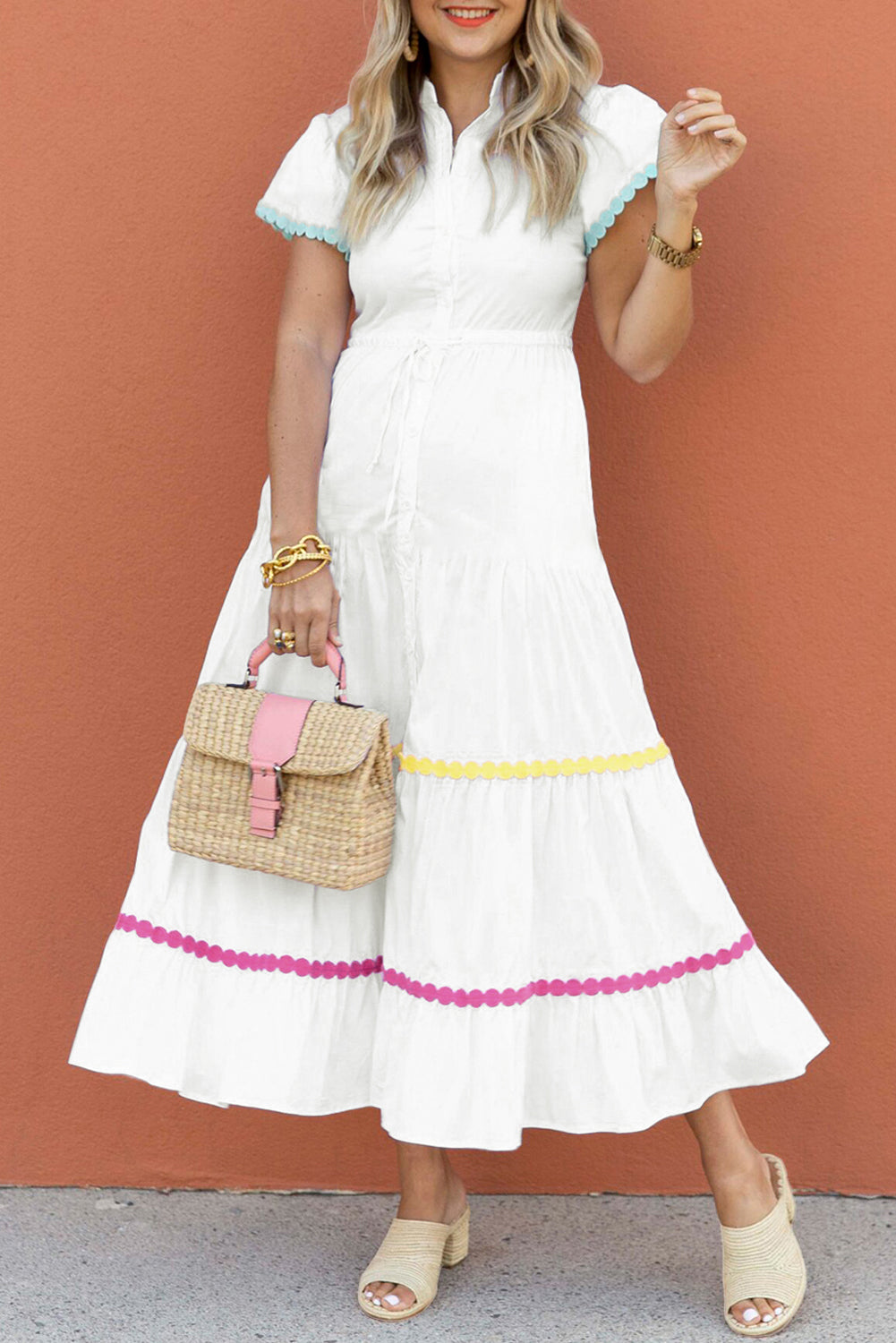 White Colourblock Rickrack Trim Short Sleeve Drawstring Waist Long Dress - WHITE / S / 100% COTTON - Dresses/Maxi