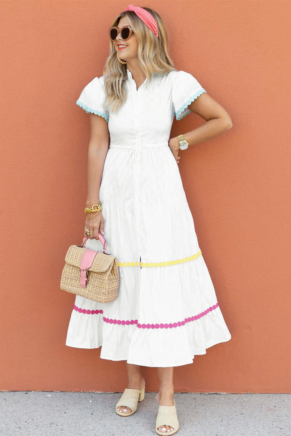 White Colourblock Rickrack Trim Short Sleeve Drawstring Waist Long Dress - eAura
