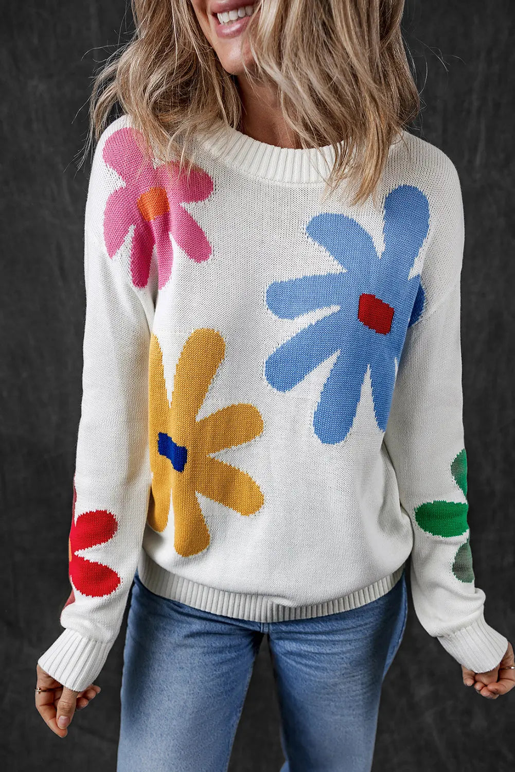 White Colourful Big Flower Pattern Crewneck Sweater - eAura