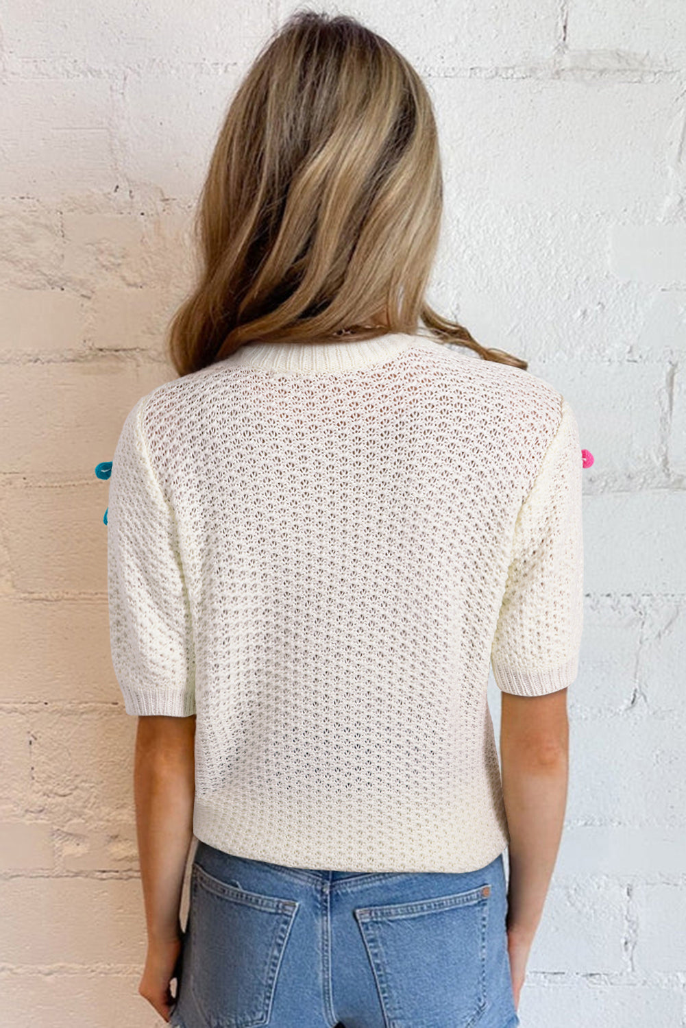 White Colourful Bow Knit Mock Neck Short Sleeve Sweater - eAura