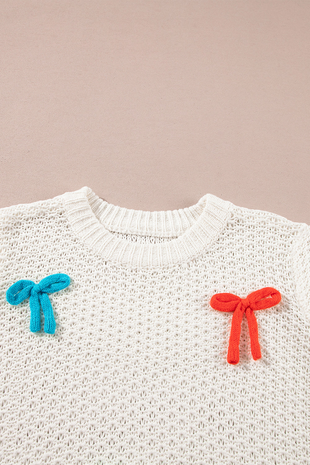 White Colourful Bow Knit Mock Neck Short Sleeve Sweater - Sweaters & Cardigans/Short