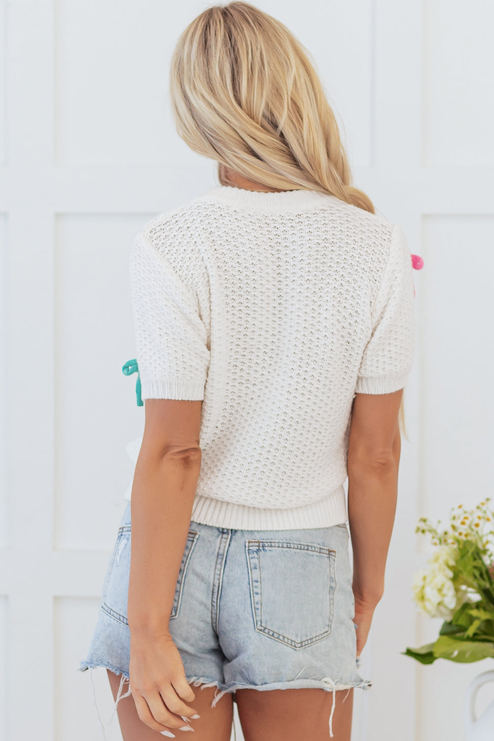 White Colourful Bow Knit Mock Neck Short Sleeve Sweater - Sweaters & Cardigans/Short