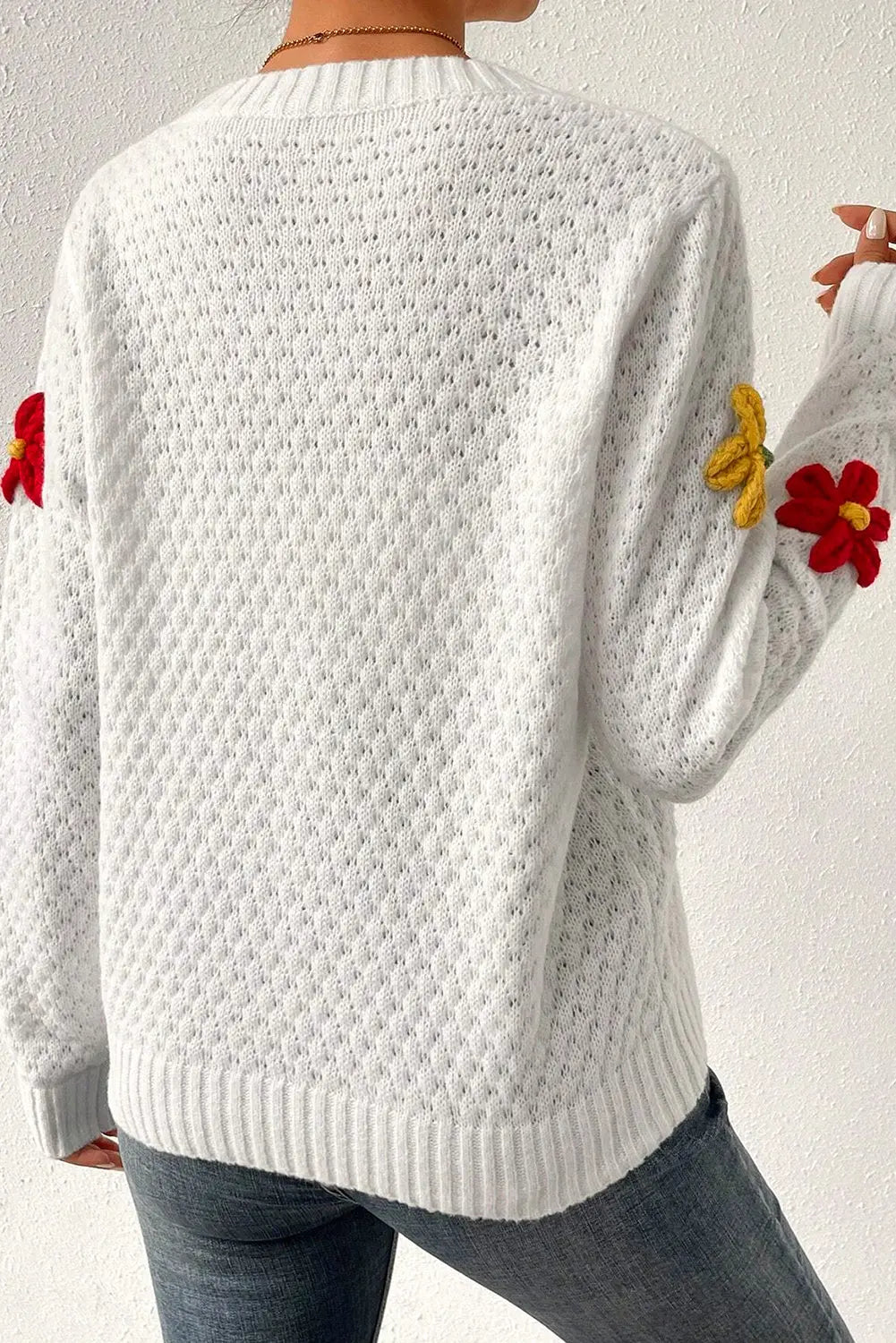 White Colourful Flower Applique Textured Knit Sweater - BB Fashion Outlet