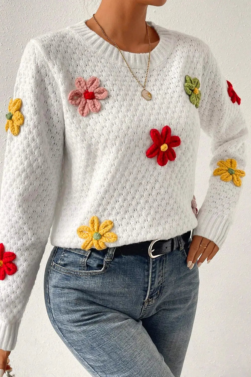 White Colourful Flower Applique Textured Knit Sweater - BB Fashion Outlet