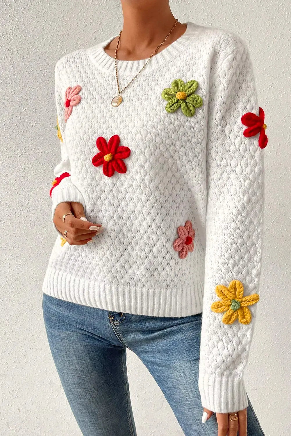 White Colourful Flower Applique Textured Knit Sweater - BB Fashion Outlet