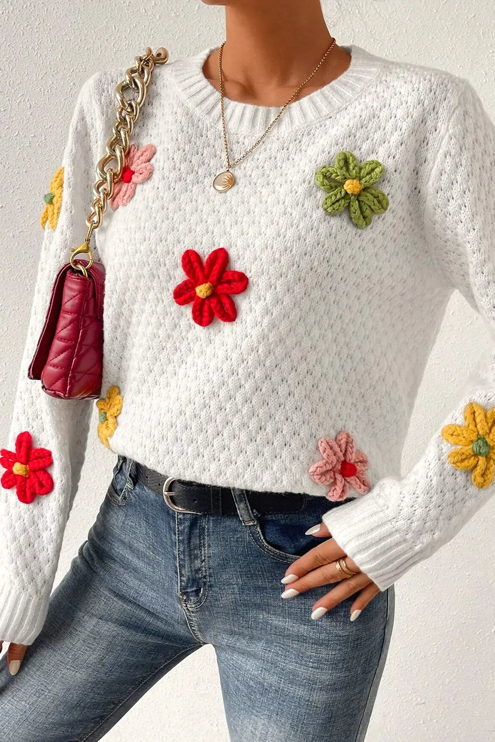White Colourful Flower Applique Textured Knit Sweater - BB Fashion Outlet