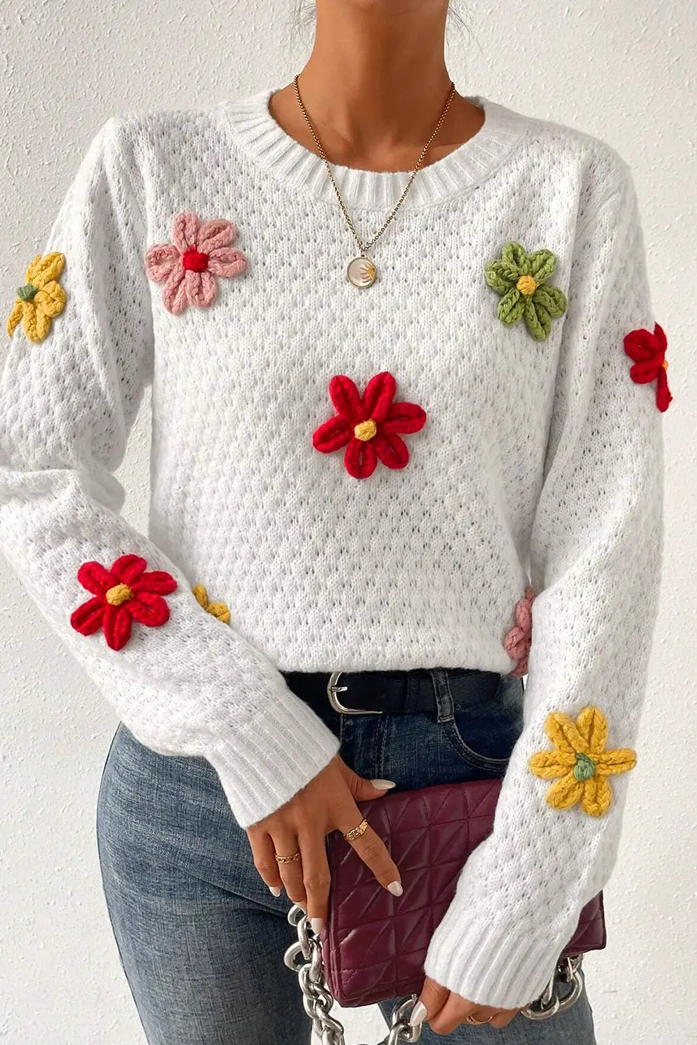 White Colourful Flower Applique Textured Knit Sweater - BB Fashion Outlet