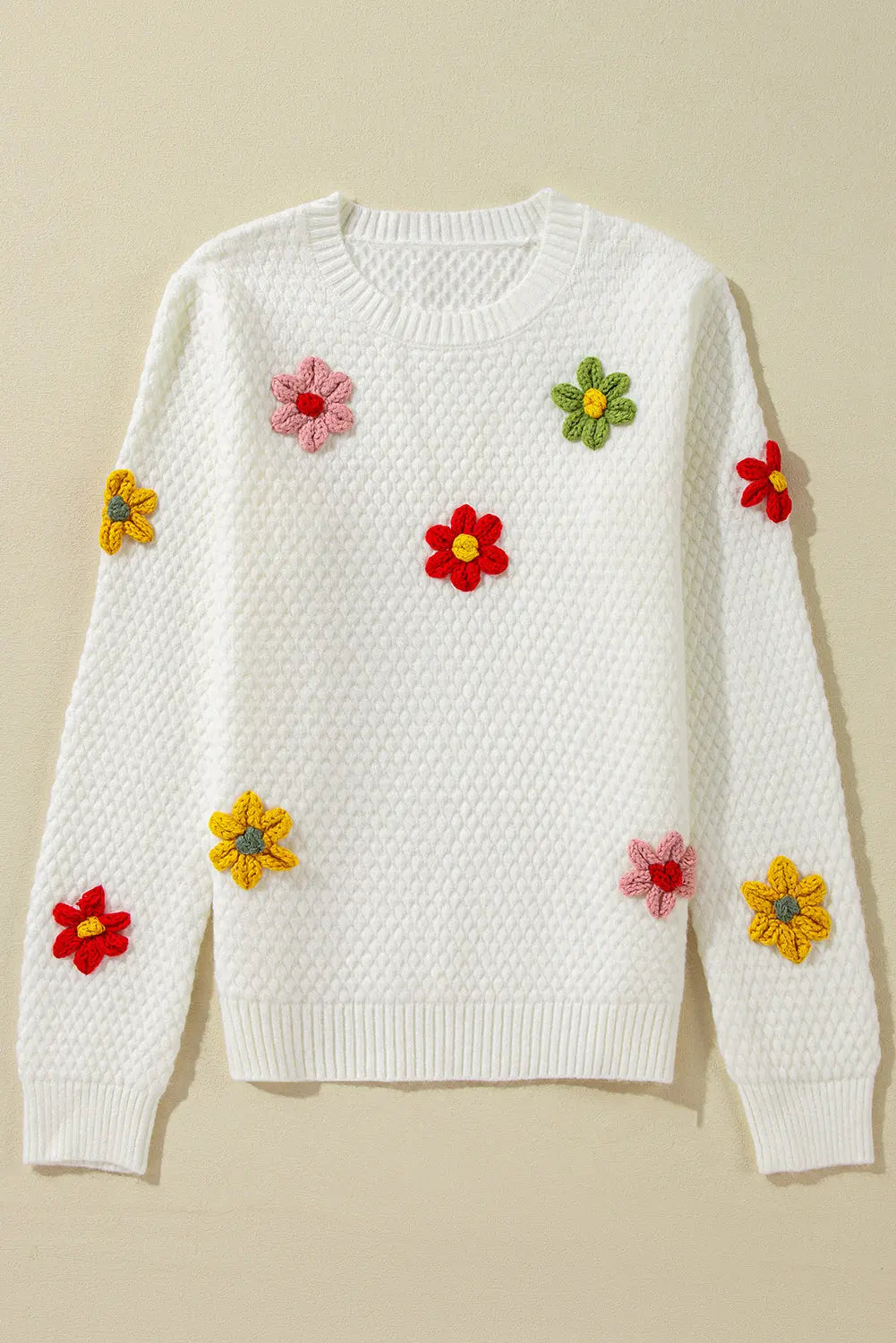 White Colourful Flower Applique Textured Knit Sweater - BB Fashion Outlet