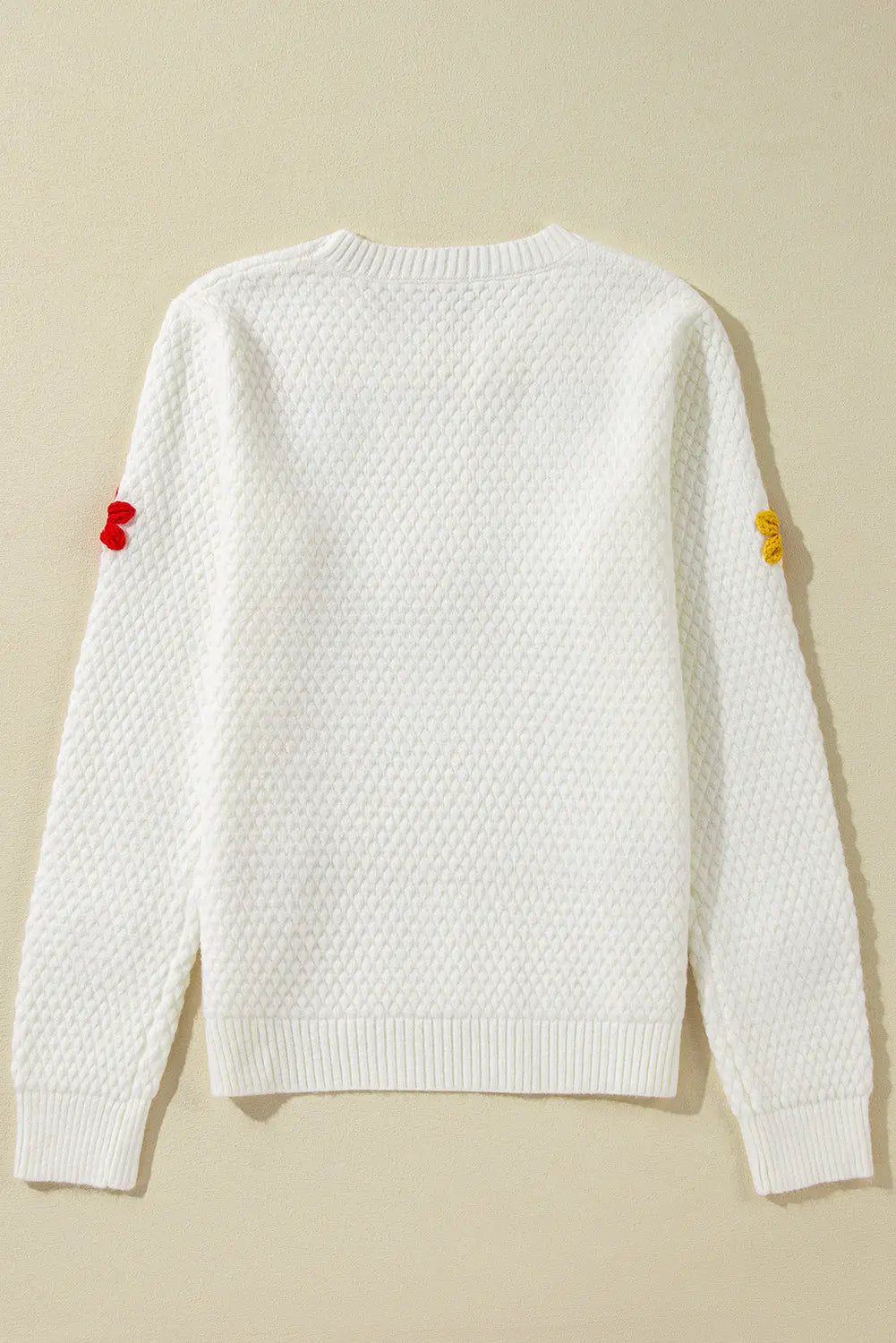 White Colourful Flower Applique Textured Knit Sweater - BB Fashion Outlet