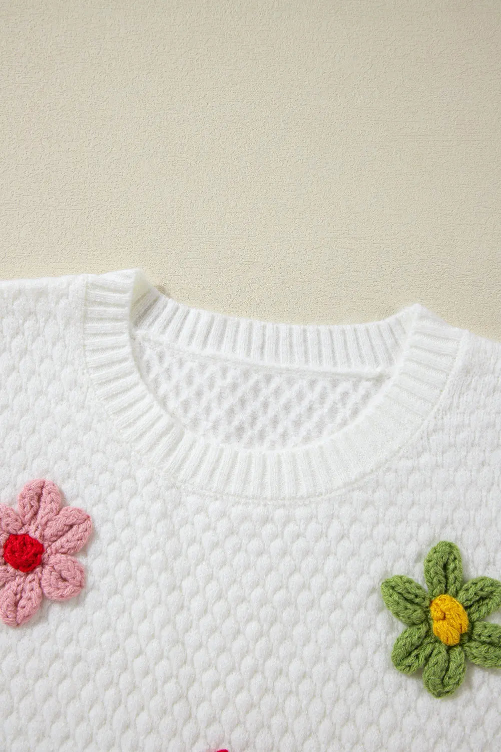 White Colourful Flower Applique Textured Knit Sweater - BB Fashion Outlet