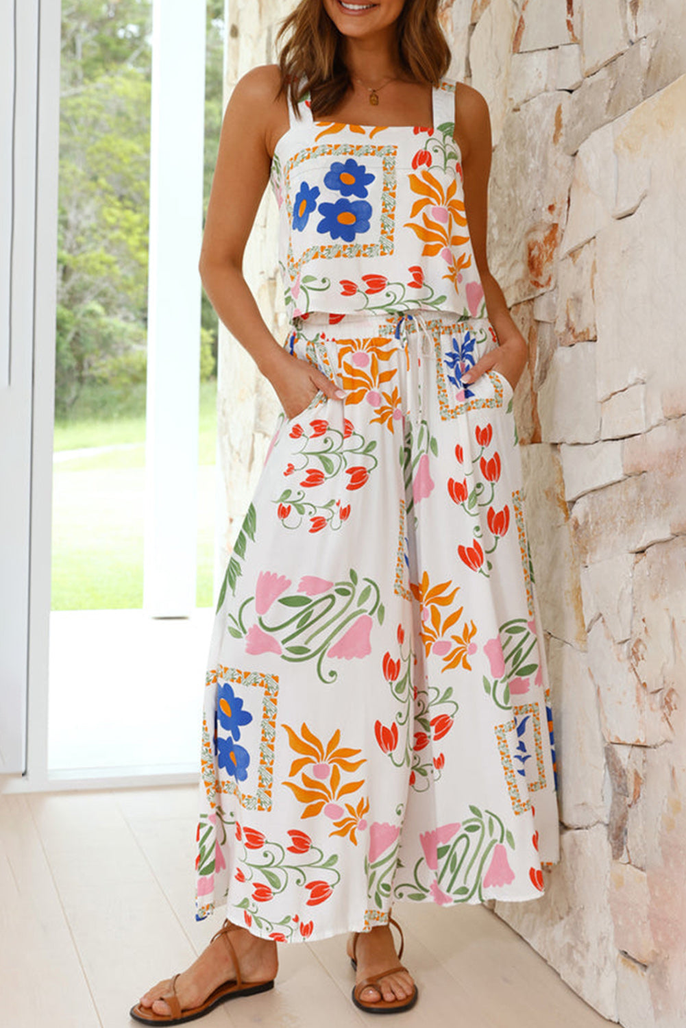 White Colourful Printed Square Neck Tank and Wide Leg Trousers Set - eAura