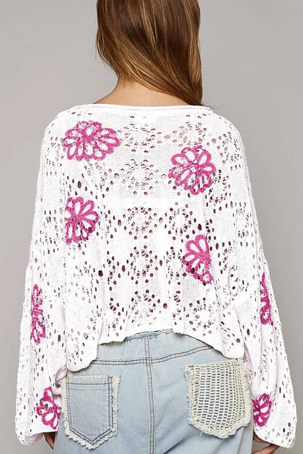 White Contrast Flower Print Eyelet Drop Shoulder Sweater - BB Fashion Outlet