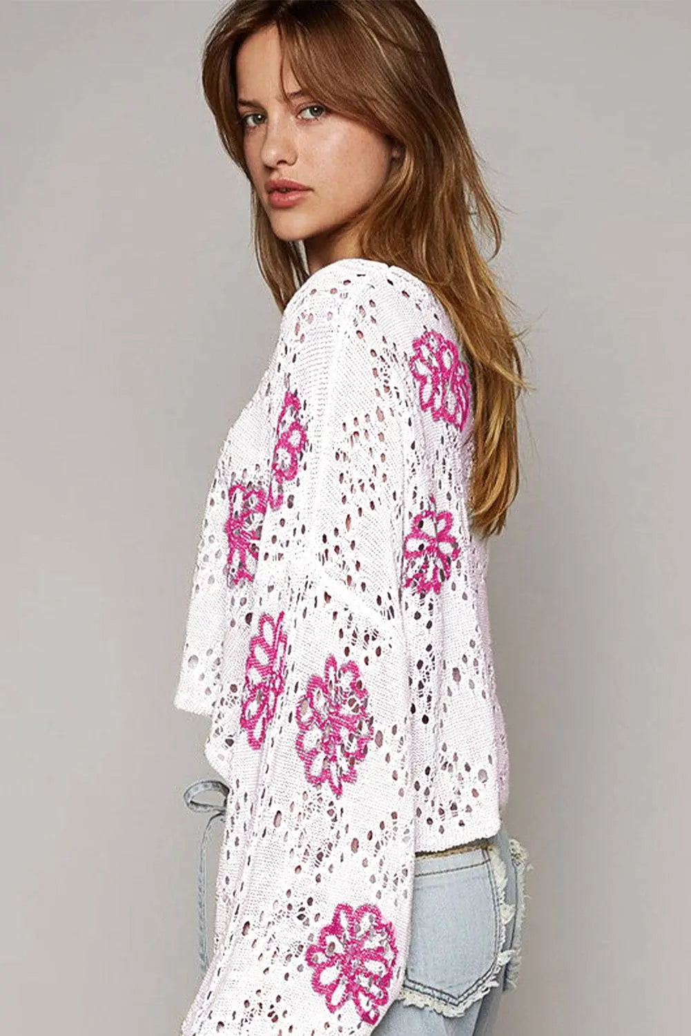 White Contrast Flower Print Eyelet Drop Shoulder Sweater - BB Fashion Outlet