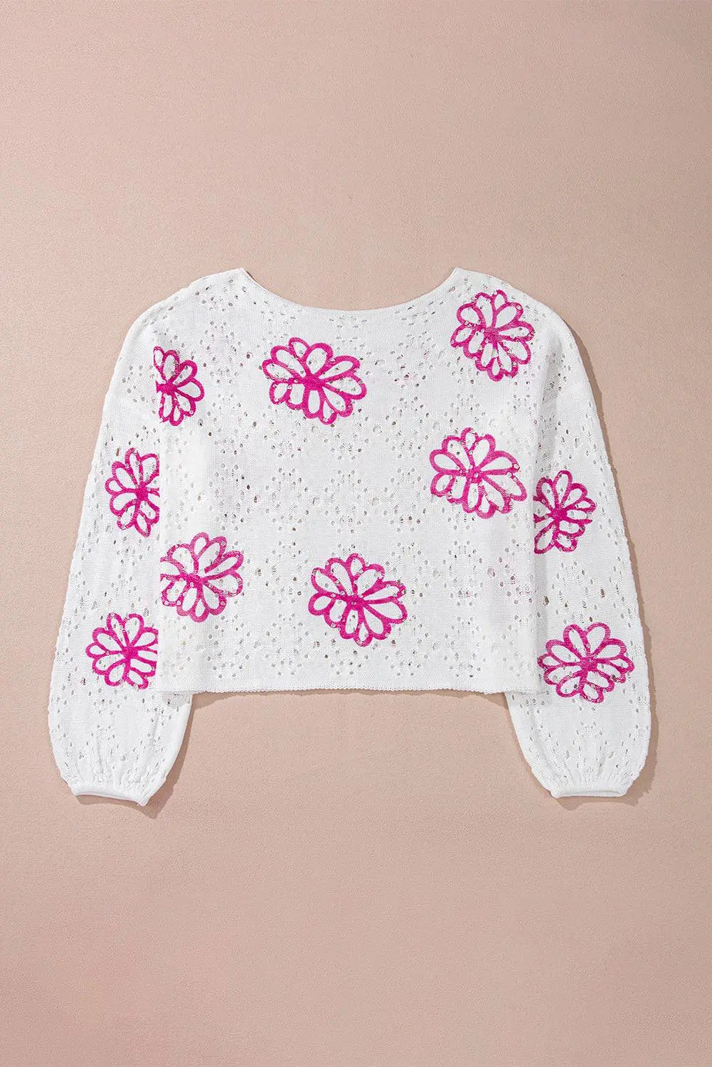 White Contrast Flower Print Eyelet Drop Shoulder Sweater - BB Fashion Outlet