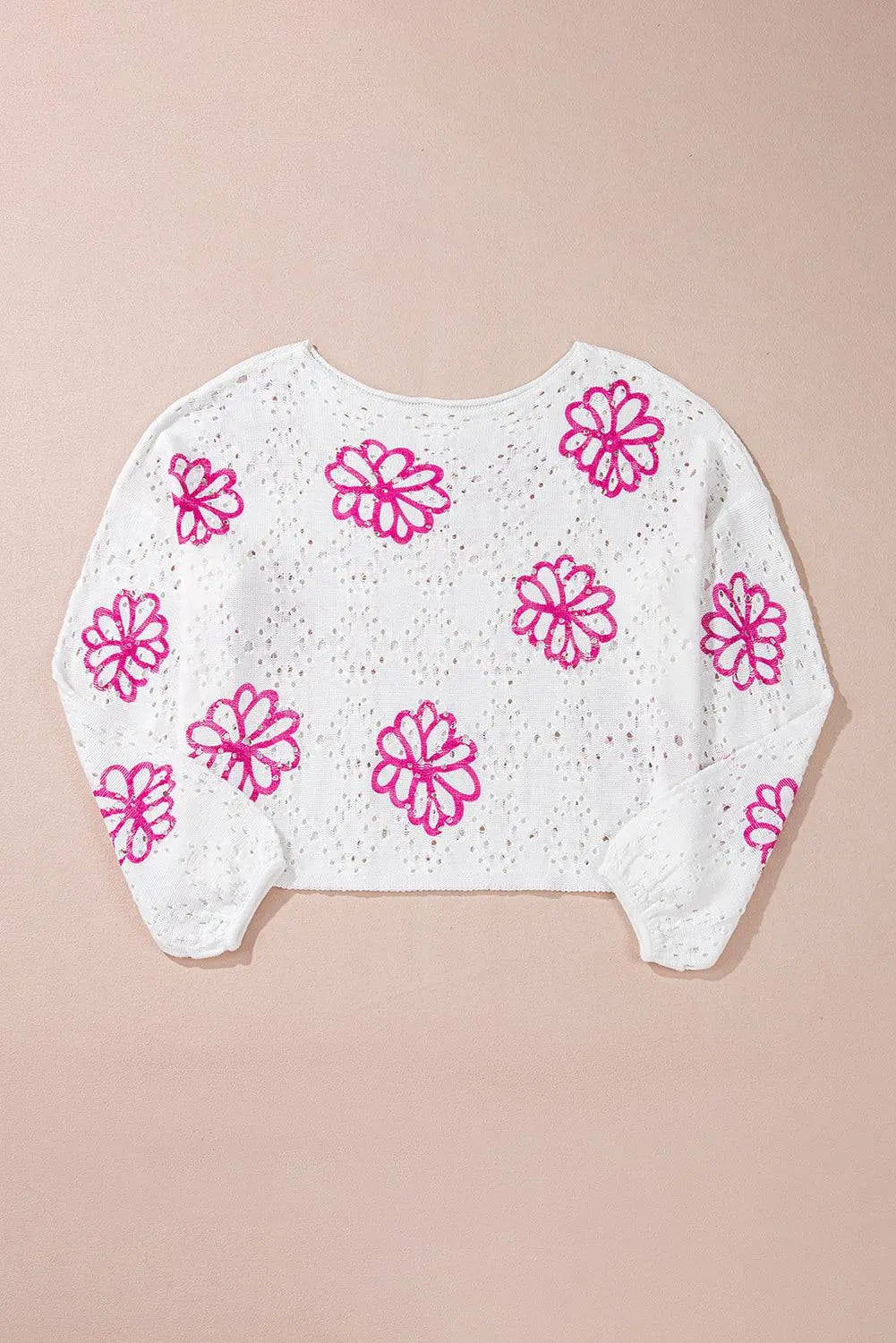 White Contrast Flower Print Eyelet Drop Shoulder Sweater - BB Fashion Outlet