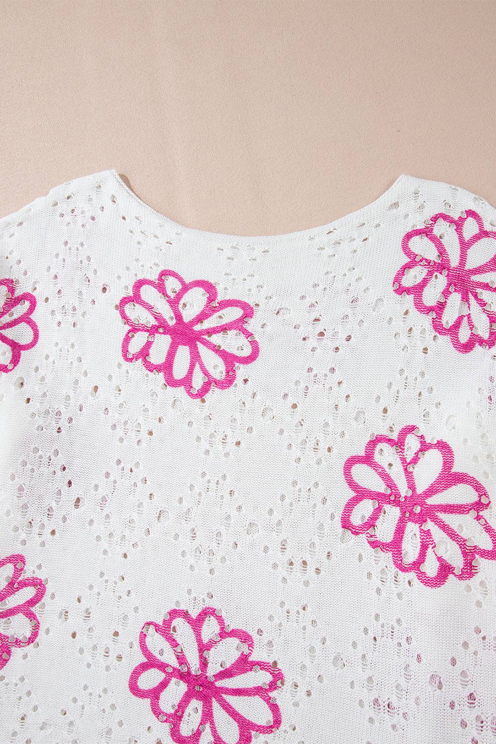 White Contrast Flower Print Eyelet Drop Shoulder Sweater - BB Fashion Outlet