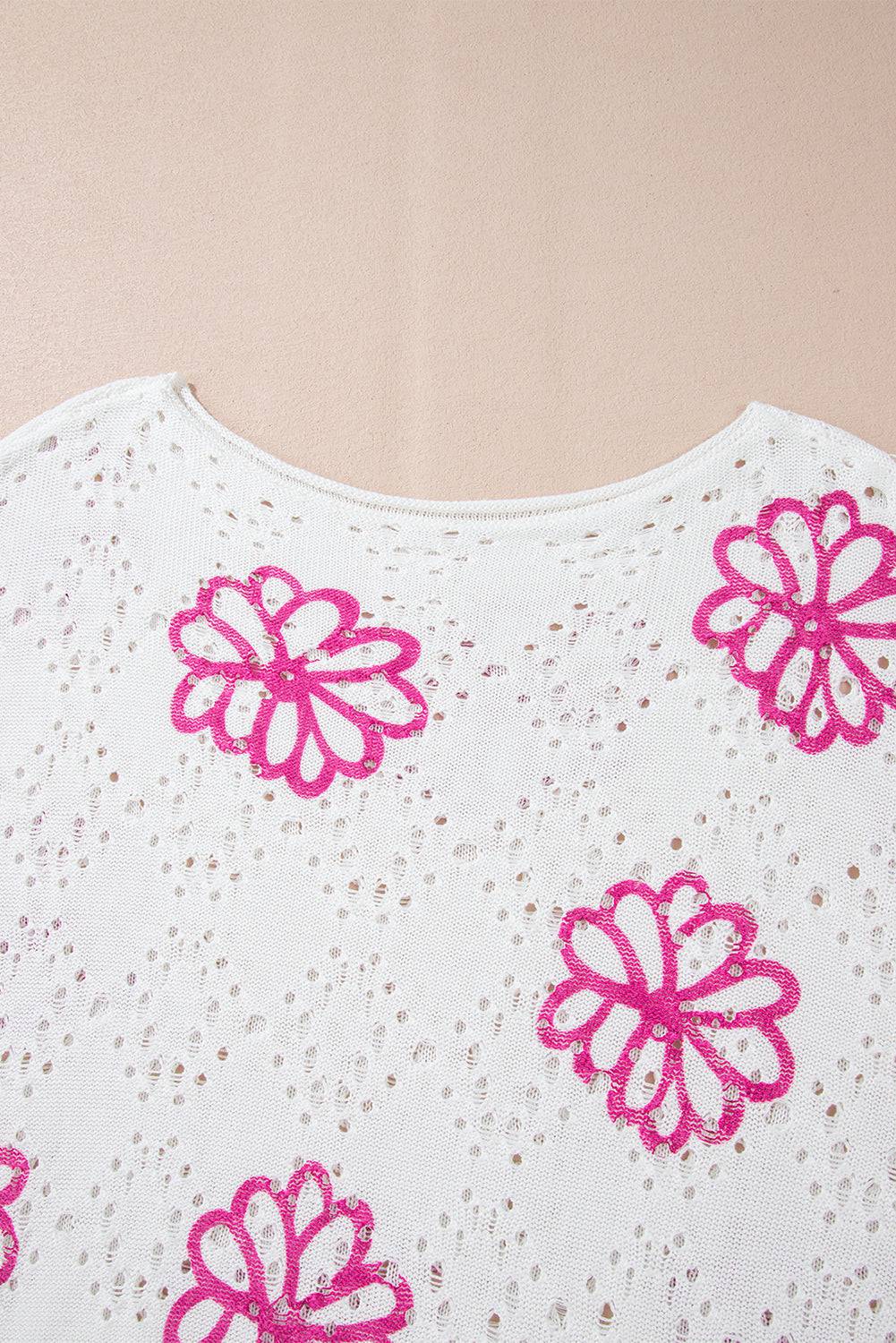 White Contrast Flower Print Eyelet Drop Shoulder Sweater - BB Fashion Outlet