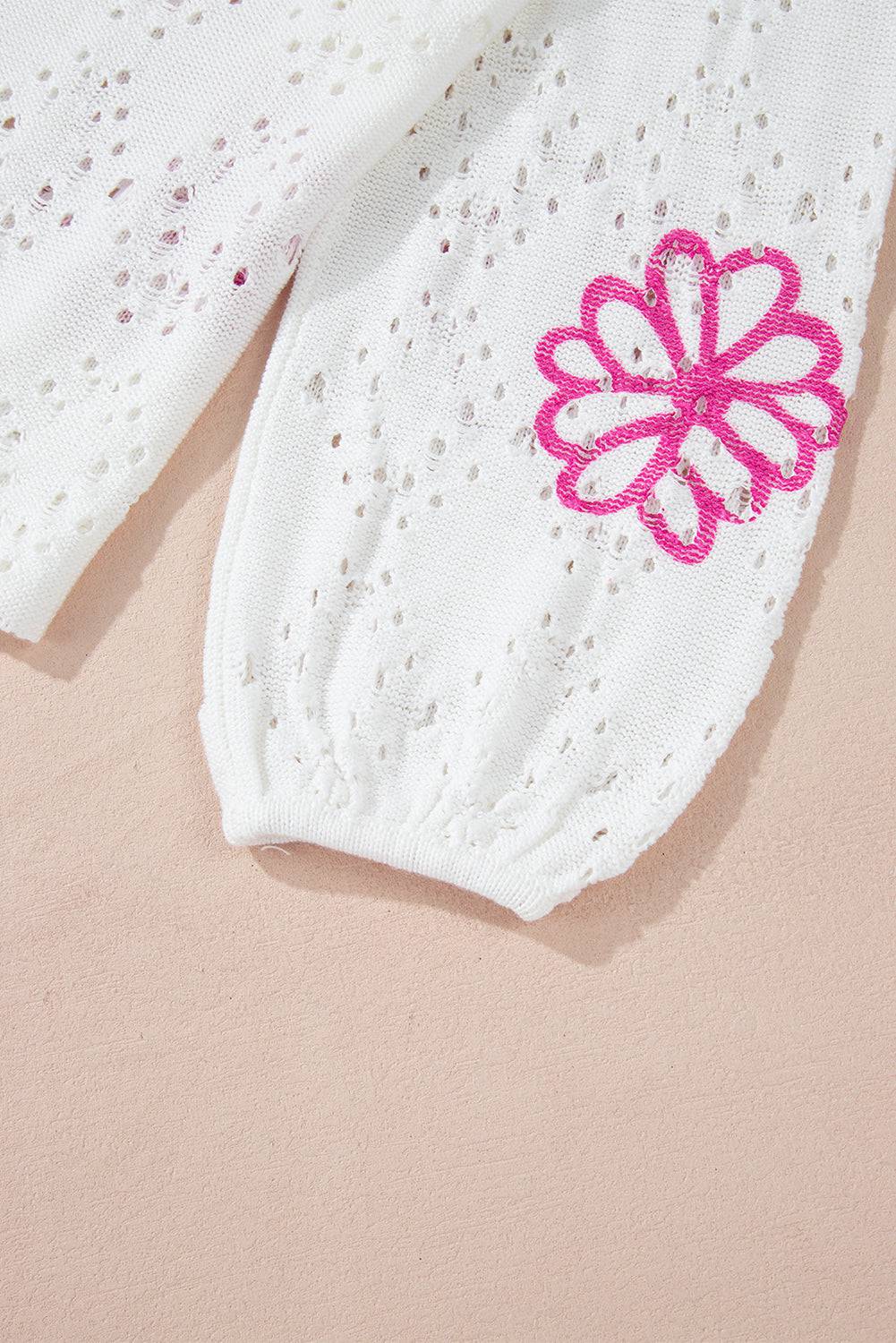 White Contrast Flower Print Eyelet Drop Shoulder Sweater - BB Fashion Outlet