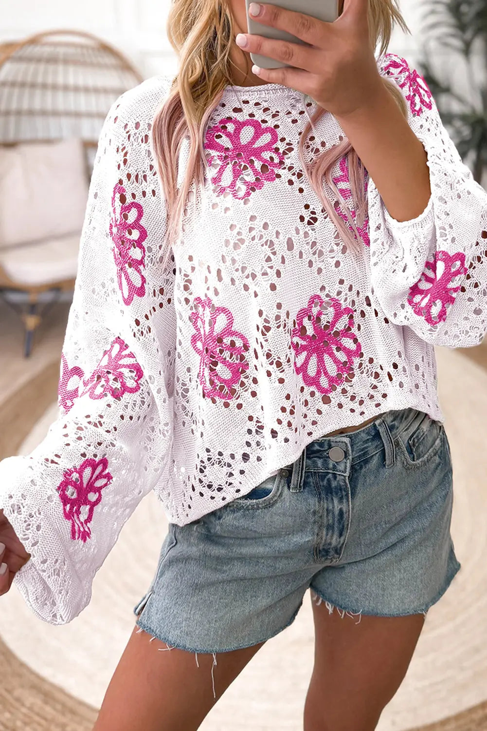 White Contrast Flower Print Eyelet Drop Shoulder Sweater - eAura