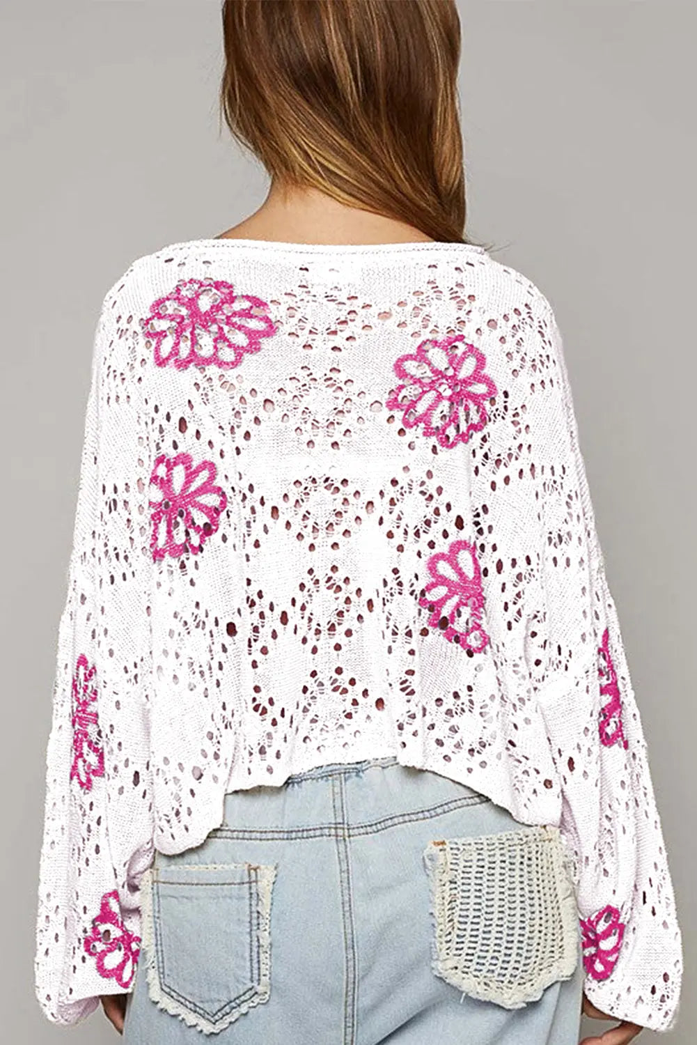 White Contrast Flower Print Eyelet Drop Shoulder Sweater - eAura