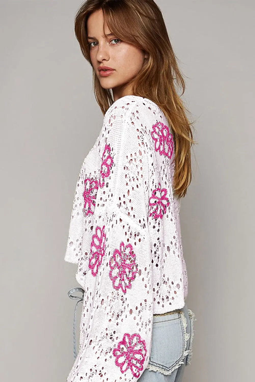 White Contrast Flower Print Eyelet Drop Shoulder Sweater - eAura