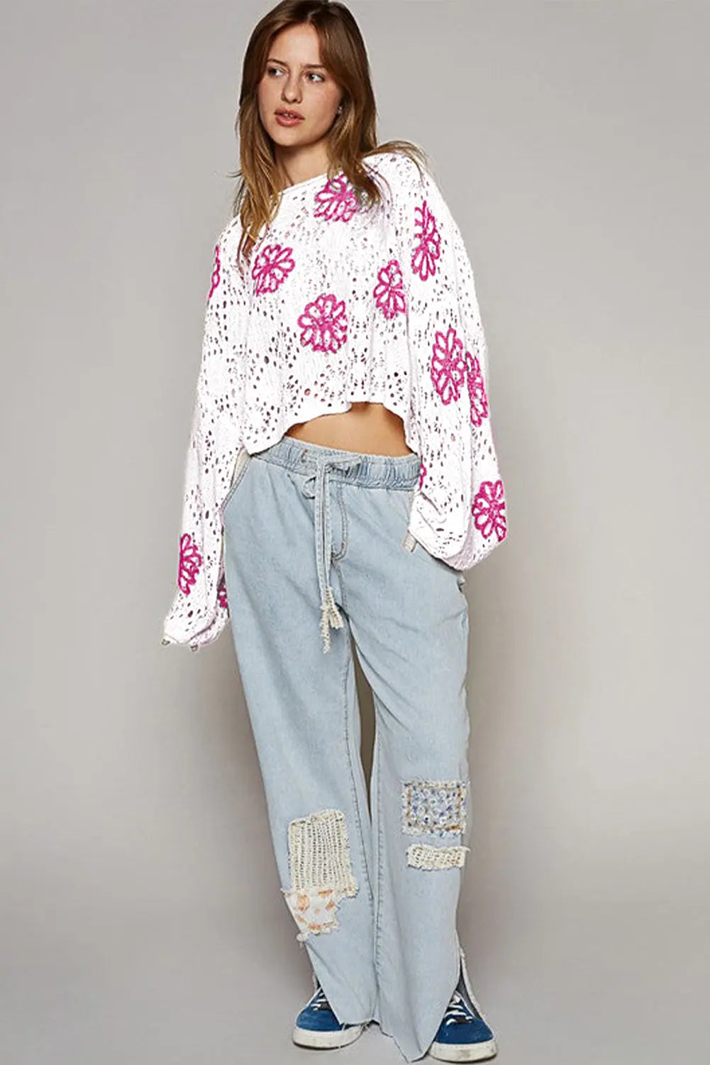 White Contrast Flower Print Eyelet Drop Shoulder Sweater - eAura