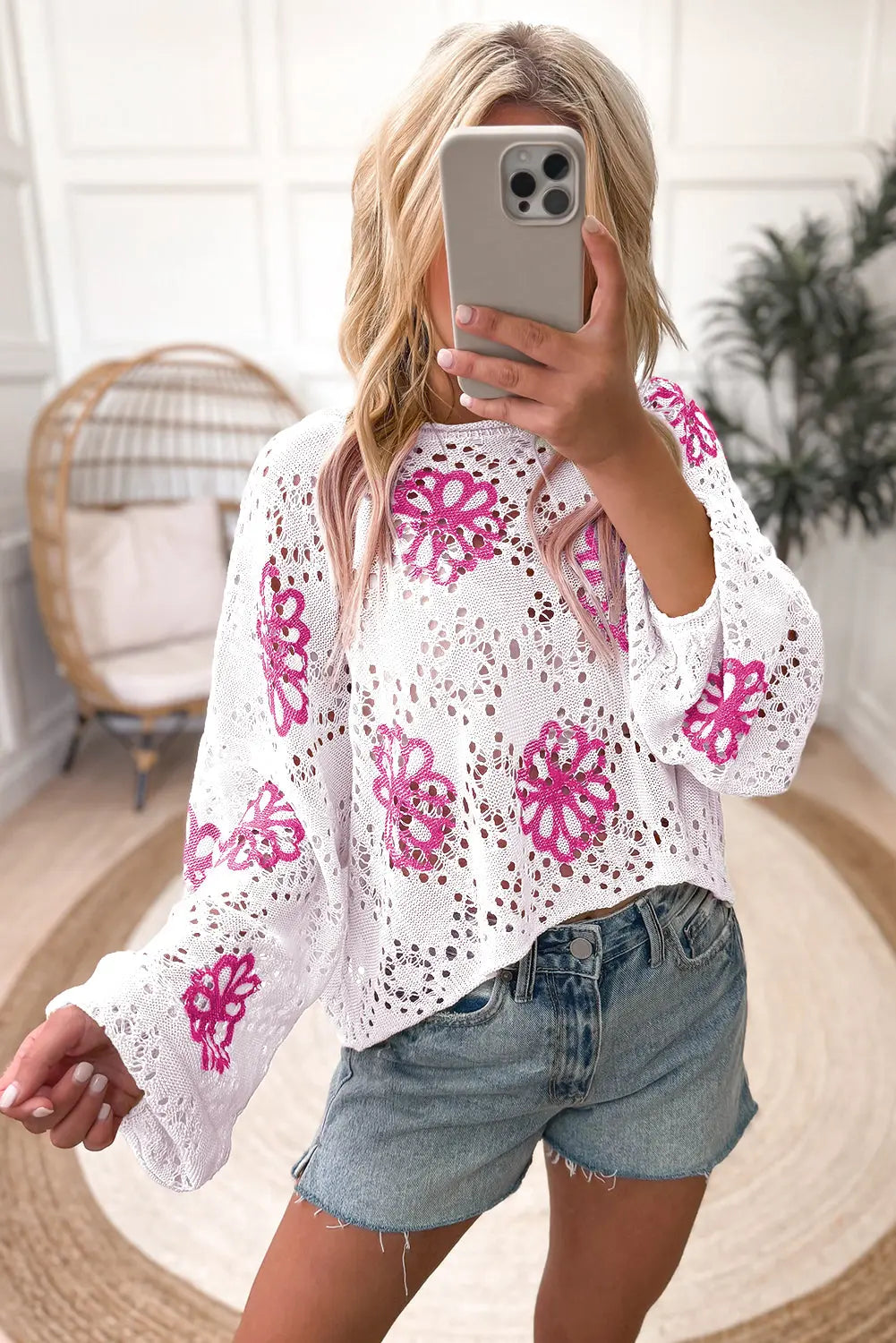 White Contrast Flower Print Eyelet Drop Shoulder Sweater - eAura