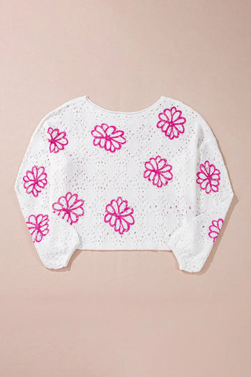 Shop White Contrast Flower Print Eyelet Drop Shoulder Sweater at eAura