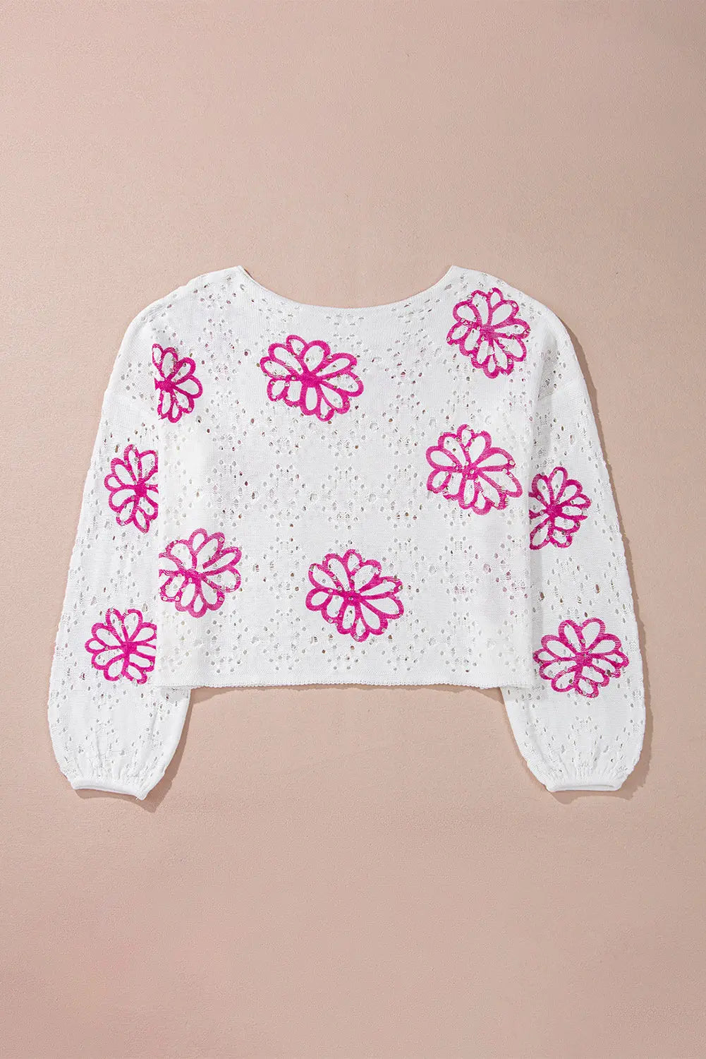 White Contrast Flower Print Eyelet Drop Shoulder Sweater - eAura