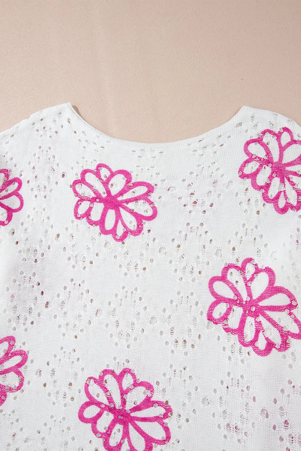 White Contrast Flower Print Eyelet Drop Shoulder Sweater - eAura